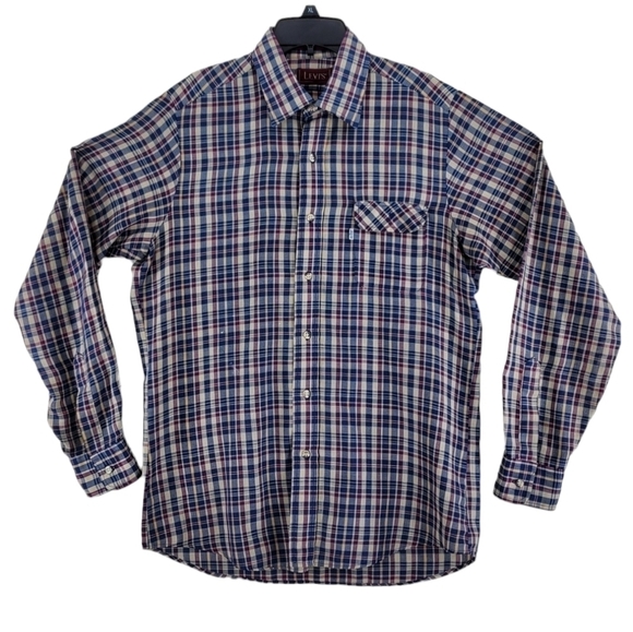 Vtg Levis Button Down Shirt Mens M Blue Beige Plaid Check L/S Slim Fit USA Made - Picture 1 of 16